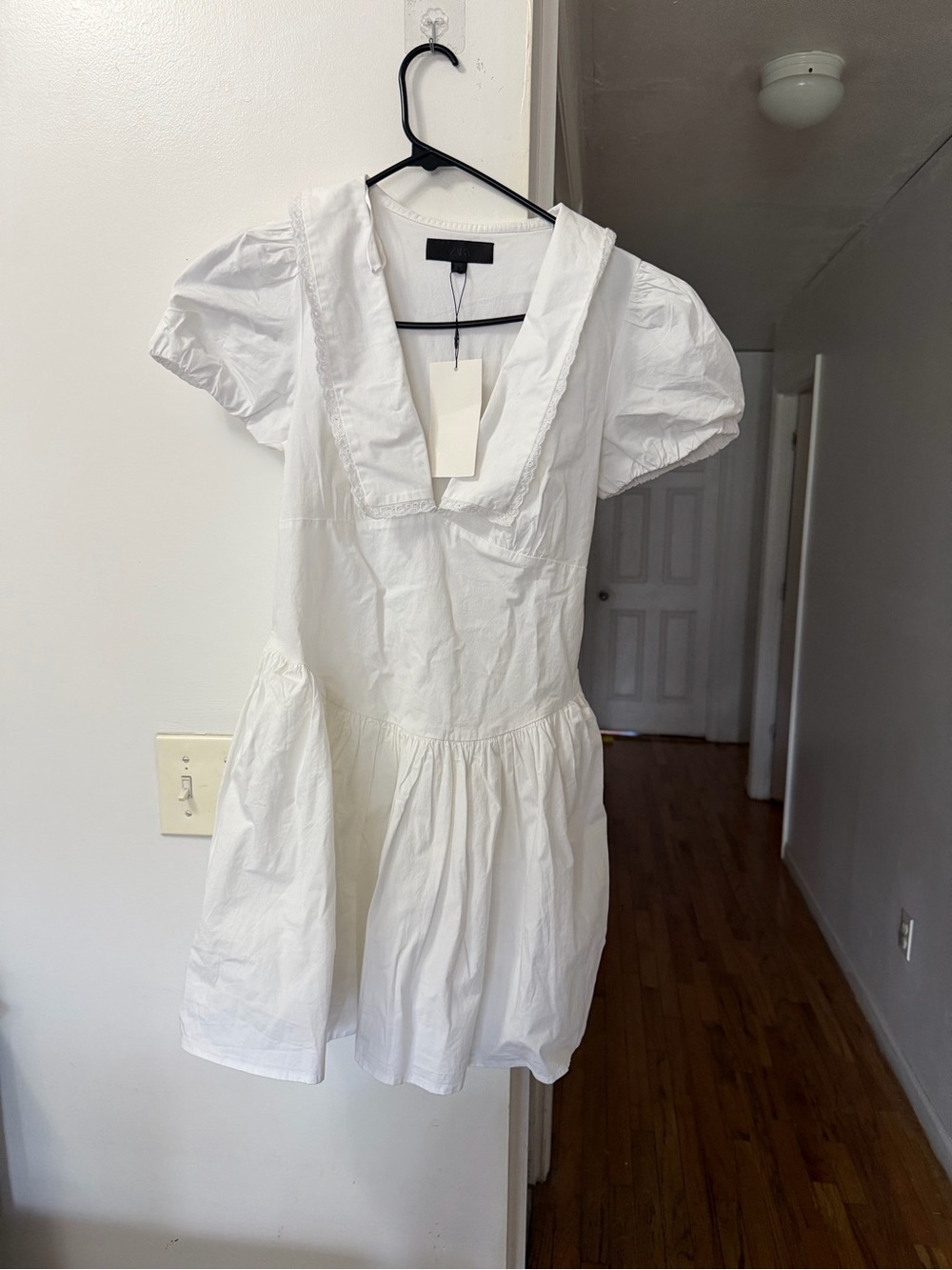 Zara White Puff-Sleeve V-Neck Mini Dress